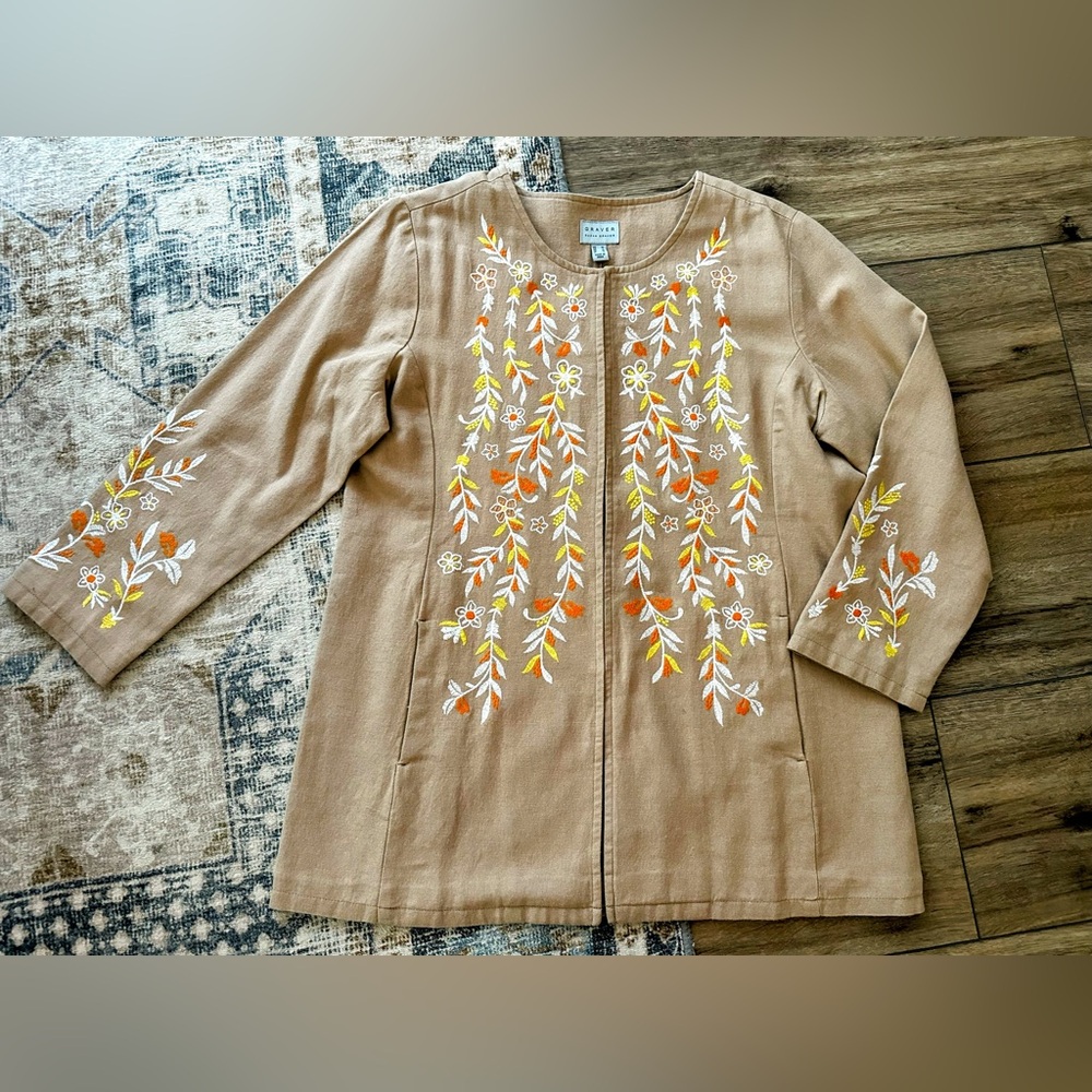 New NWT Susan Graver Cotton Tan Topper Tunic w/ Floral Embroidery Large/XL